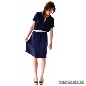 4311 Roak silk dress navy blue white trim Medium